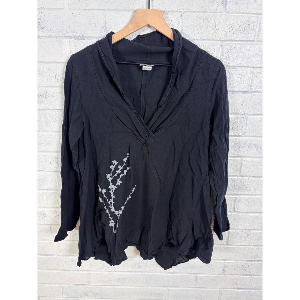 Indigo Artwear Tunic Women M Black Floral Lagenlook Handkerchief Hem Artsy